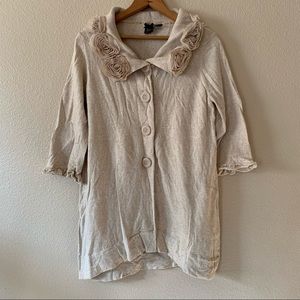 Beige Tunic Sweater L Button Cardigan Rose Collar Cotton Tan Neutral Rosette